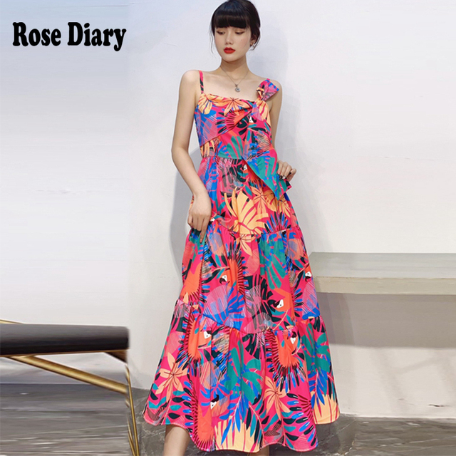 RoseDiary sukienka Sling kwiatowy nadruk, bez rękawów, wysoka talia, midi, kobieca, lato 2021 - tanie ubrania i akcesoria