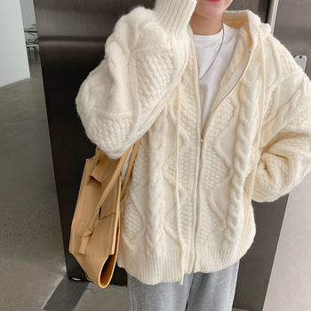 Damski sweter rozpinany z kapturem w stylu koreańskim, idealny na wiosnę i jesień z długim rękawem y2k e-girl. Sweter z warkoczami i grubą dzianiną
