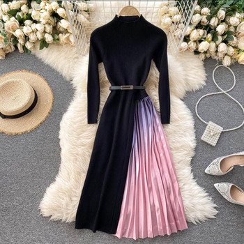 Sukienka z gradientową dzianiną, wysokiej jakości, jesień/zima 2021, plisowana, elegancka, z paskiem - Vestidos