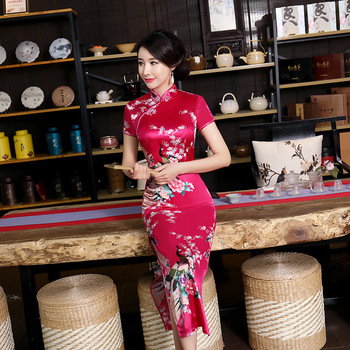 Sukienka Qipao na ślub Panny Młodej - długa, elegancka, czerwona, z chińskim wzorem (Rozmiary: SML-3XL)
