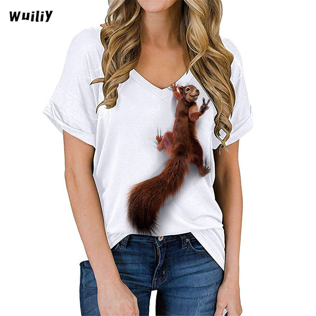 Damska bawełniana koszulka z nadrukiem 3D wiewiórki - grafiką zwierzęcą i dekoltem V - tanie ubrania i akcesoria