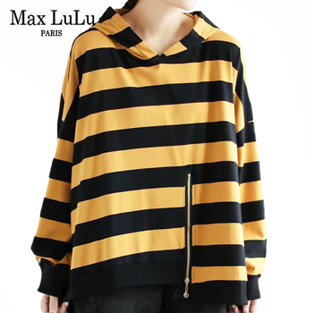 Bluza z kapturem Max LuLu 2021 - żółte paski, jesienne, koreański styl Harajuku, dorywczo luźna (kobieta)