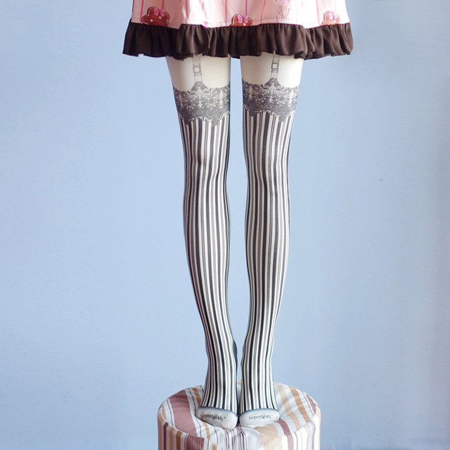 Skarpetki w paski Lolita punk z japońskim, słodkim, gotyckim stylem i koronkowym wydrukiem - akcesoria do strojów, uczeń fałszywy pasek wiatr skarpetki - tanie ubrania i akcesoria