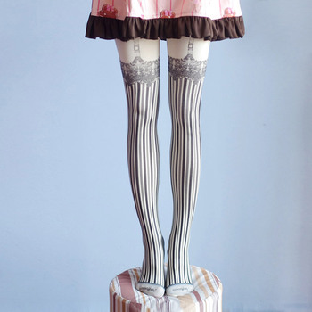 Skarpetki w paski Lolita punk z japońskim, słodkim, gotyckim stylem i koronkowym wydrukiem - akcesoria do strojów, uczeń fałszywy pasek wiatr skarpetki