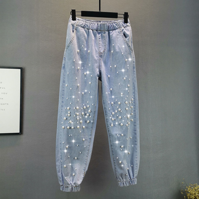 Damskie dżinsy marki Plus, rozmiar 5XL, dorywcze, luźne, spodnie do kostek z frezowanym pasem - Modne, Harem Denim - tanie ubrania i akcesoria