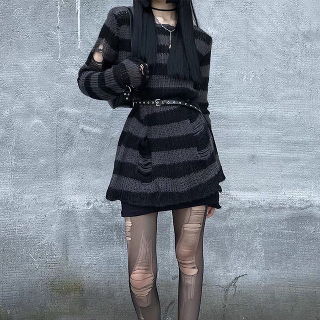 Sweter damski w paski z motywem gotyckim i punkowym Harajuku - tanie ubrania i akcesoria