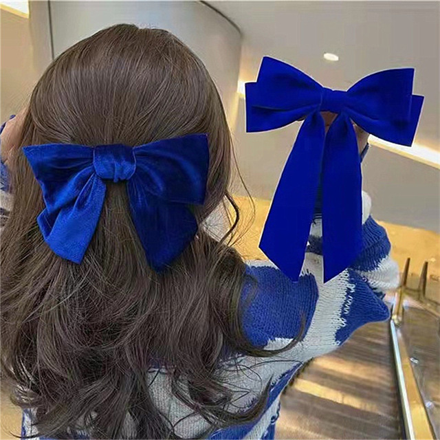 Nowy aksamitny niebieski łuk do włosów zacisk sprężynowy z podwójną warstwą - akcesorium do ozdabiania włosów dla kobiet i dziewczyn - tanie ubrania i akcesoria