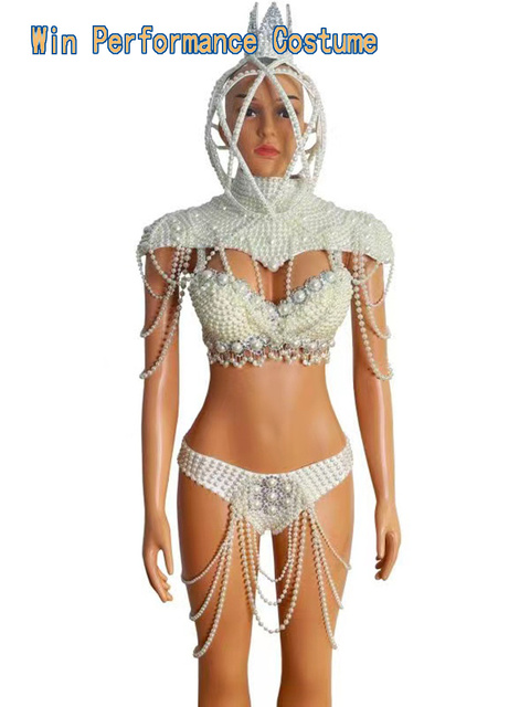 Rave strój bikini z dużymi perłami i łańcuszkiem na głowę - tanie ubrania i akcesoria