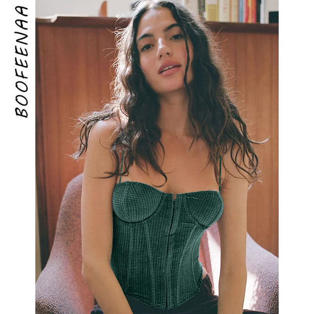 BOOFEENAA Gorset top z ramiączkami - wyjściowa odzież klubowa dla kobiet 2021 - krótki top vintage z odsłoniętymi plecami - tanie ubrania i akcesoria
