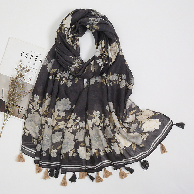 Najnowszy bawełniany lniany szalik damski z kwiecistym nadrukiem - hidżab letni Pareo na plażę - tanie ubrania i akcesoria