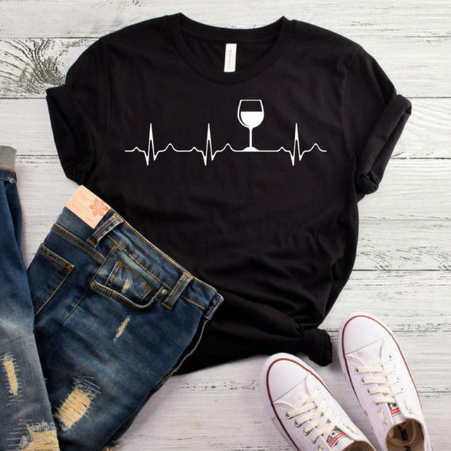 Koszula damska z krótkim rękawem, luźna, O szyi - Wino bicie serca druku - tanie ubrania i akcesoria