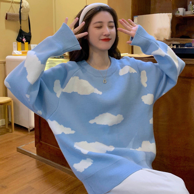 Sweter w chmurki o długich rękawach - styl koreański, damski - tanie ubrania i akcesoria