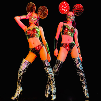 Kostium sceniczny Chiński Taniec Ludowy - Sexy Bikini ze skórzanymi detalami i maską Gogo Jazz DB4074