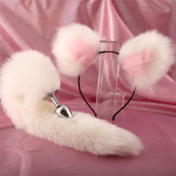 Moda damska - Akcesoria do włosów: Elegancka opaska ze szpilkami i pluszowymi kotymi uszami, ozdobiona puszystym ogonem i metalową wtyczką