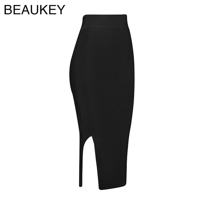 Czarna ołówkowa spódnica z rozcięciami po bokach BEAUKEY 2016 dla kobiet, wysoka talia - tanie ubrania i akcesoria