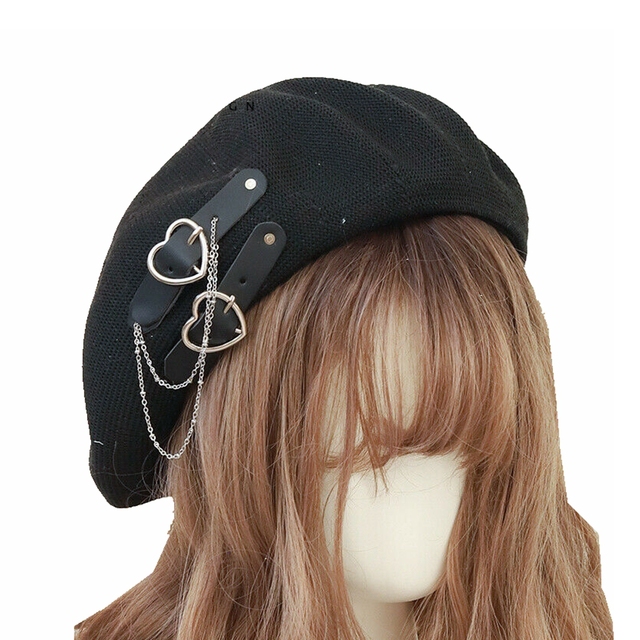 Czarna Lolita Gothic Punk Beret dla kobiet, oddychający i lekki, idealny na lato Harajuku, z klamrą w kształcie serca, czapka JK Hat - tanie ubrania i akcesoria