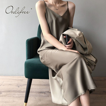 Suknia damska: Ordifree 2021 lato w stylu Vintage - długa, jedwabna sukienka na pasek, prosta i sexy, ramiączka spaghetti, luźna maxi sukienka satynowa