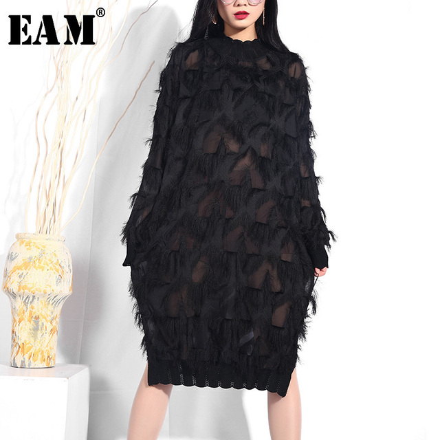 Suknia EAM 2021 Nowa Wiosna Jesień - Długi Rękaw, Czarny, Kołnierz Stojący, Duży Rozmiar - tanie ubrania i akcesoria