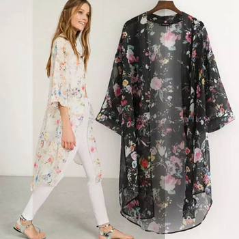 Kardigan Kimono Boho - Modna bluzka w kwiaty dla kobiet, długa i luźna, idealna na plażę