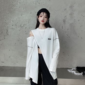 Seksowna damska koszulka z rozcięciami po bokach i opadającymi ramionami w kolorze białym z długimi rękawami w stylu Harajuku - jesień 2022
