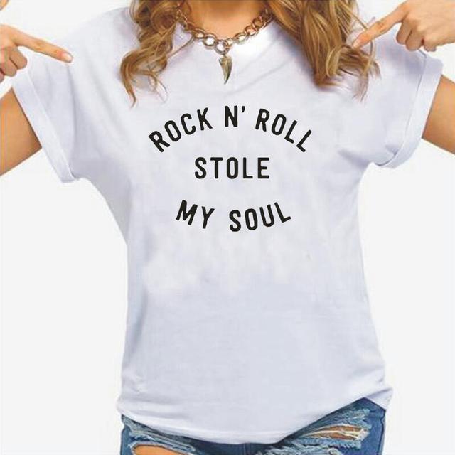 Koszulka damska Rock N Roll - T-shirt z motywem druku Ukradł moją duszę, stylowa bawełna, letnio-dorywczy look Harajuku, Hipster, Camiseta Mujer - tanie ubrania i akcesoria