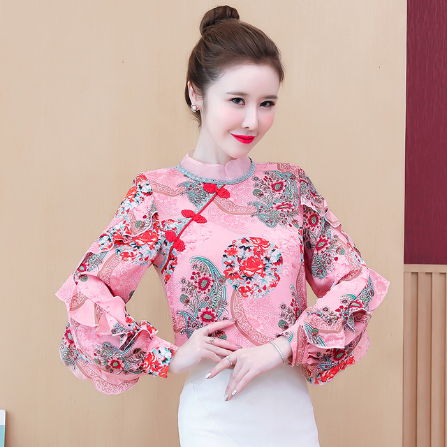 Jesienna koszula damska w stylu retro chińskiego cheongsam z długimi rękawami i wzorem smoka na szyfonie - tanie ubrania i akcesoria