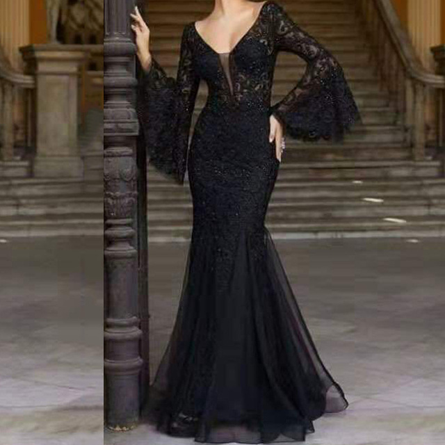 Luksusowa suknia wieczorowa z koronkowymi haftami, czarny szlafrok z długim rękawem, kolekcja 2021 - tanie ubrania i akcesoria