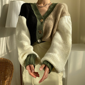 Sweter z długim rękawem, patchwork, blokowanie kolorów, luźny fason - 2021 zima