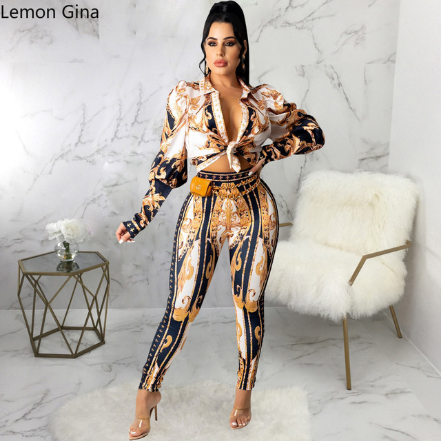 Elegancki damski zestaw spodni i wiązanej koszuli Lemon Gina Paisley pasujący do siebie - tanie ubrania i akcesoria