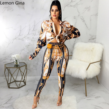 Elegancki damski zestaw spodni i wiązanej koszuli Lemon Gina Paisley pasujący do siebie