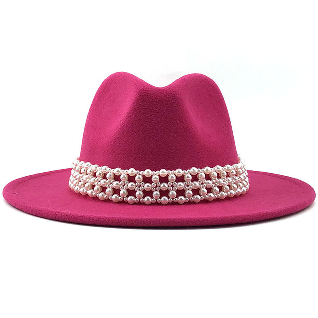 Elegancki kapelusz Fedora Trilby damski z szerokim rondem, wykonany z jednokolorowej wełny filcowej, ozdobiony perłowym pasem - Vintage Party jazzowy styl - tanie ubrania i akcesoria
