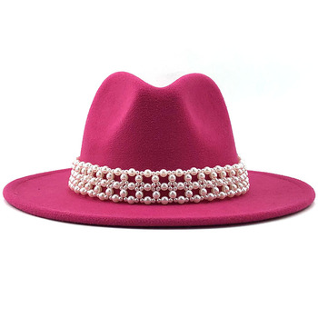Elegancki kapelusz Fedora Trilby damski z szerokim rondem, wykonany z jednokolorowej wełny filcowej, ozdobiony perłowym pasem - Vintage Party jazzowy styl