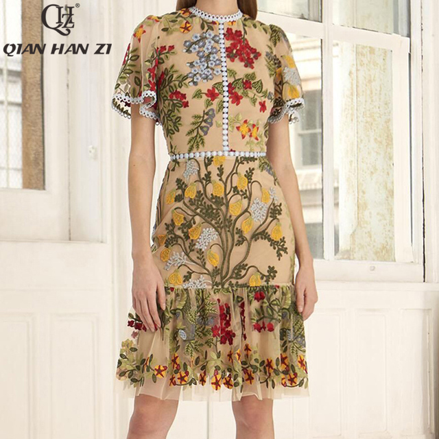 Koronkowa sukienka damska z krótkimi rękawami Qian Han Zi vintage Slim - wysoka jakość haftowanych kwiatów, siatka, lato - tanie ubrania i akcesoria