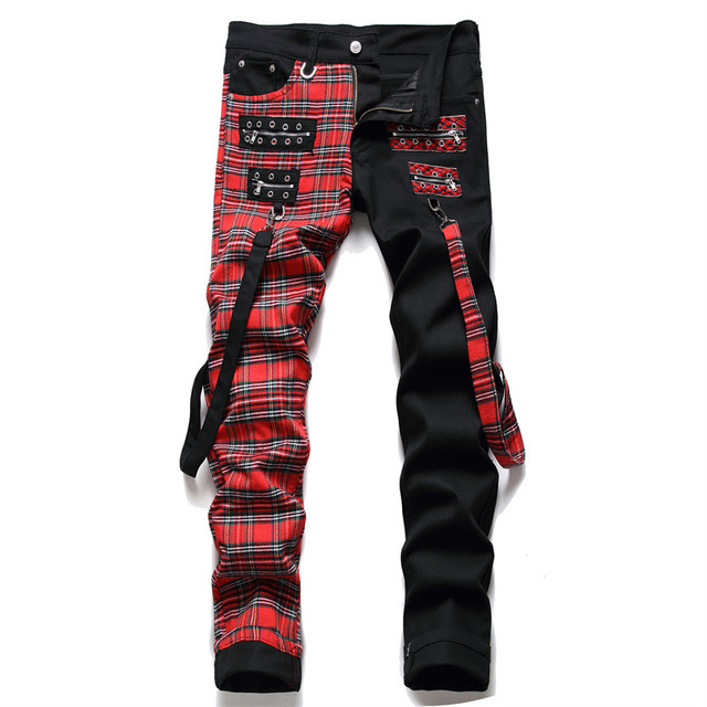 Czerwona kratka Patchwork Punk Zipper męskie dżinsy rurki Y2K Hip Hop Gothic Slim - tanie ubrania i akcesoria