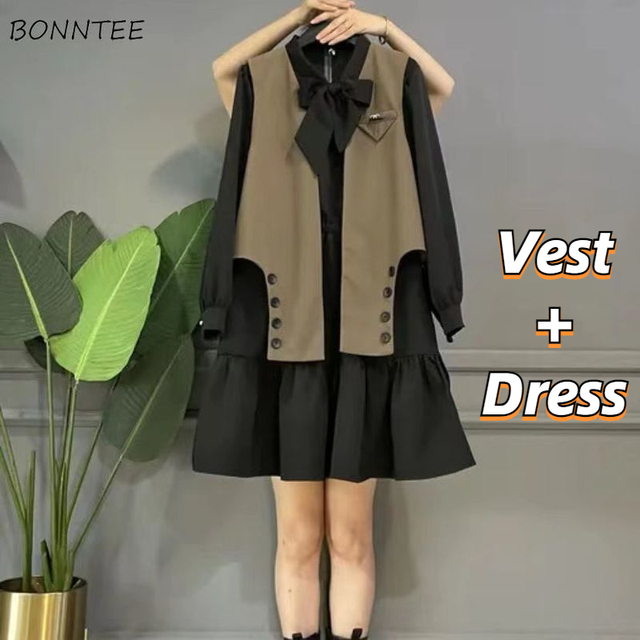 Sukienka koreańskiego stylu z kokardą, długimi rękawami i workowym krojem - elegancka i na ramiączkach (L-5XL) - tanie ubrania i akcesoria