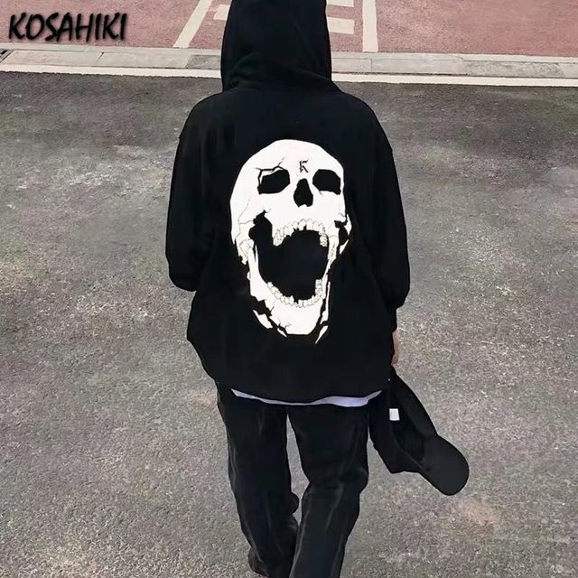 Bluza z kapturem KOSAHIKI Y2K z nadrukiem szkieletu kobiecego i męskiego, bawełniana, jesień 2021, styl Gothic Harajuku Grunge - tanie ubrania i akcesoria