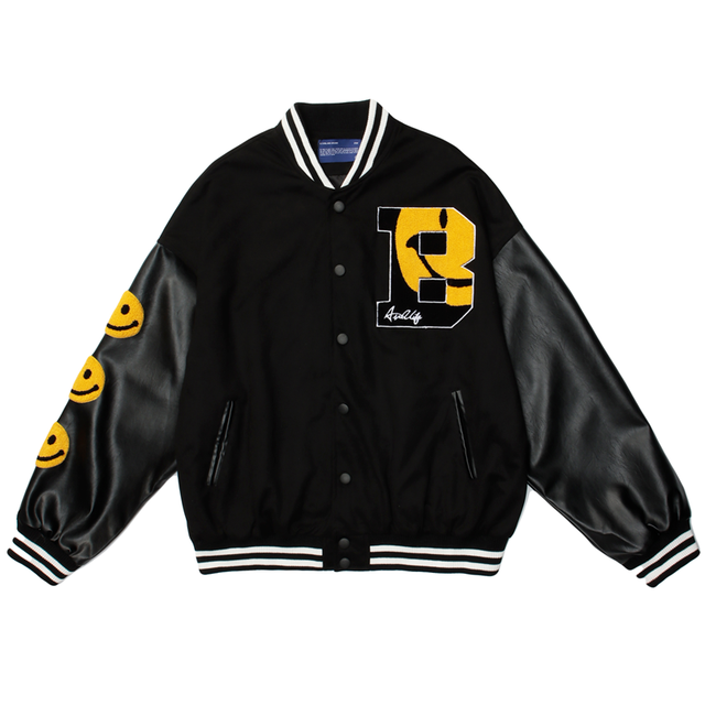 Hip-hopowa kurtka baseballowa Smiley Letter B z naszywanymi patchworkowymi detalmi - kurtka bomber Varsity Fashion College - tanie ubrania i akcesoria