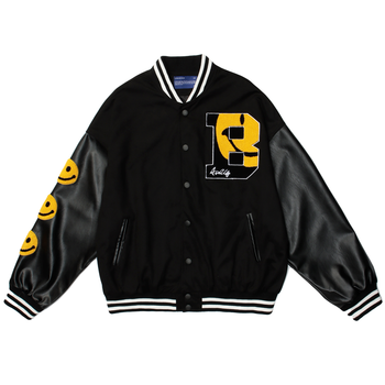 Hip-hopowa kurtka baseballowa Smiley Letter B z naszywanymi patchworkowymi detalmi - kurtka bomber Varsity Fashion College