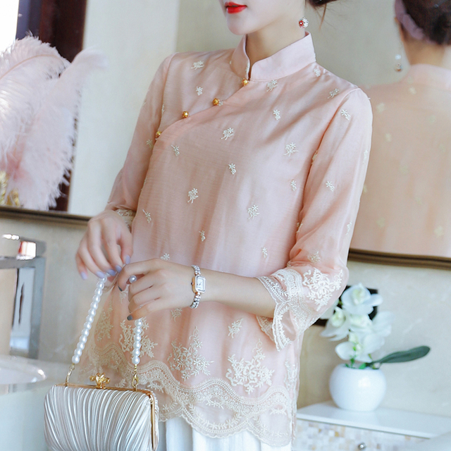 Chińska bluzka Cheongsam vintage - wiosna/jesień, haftowane, długie rękawy (3/4) - tanie ubrania i akcesoria