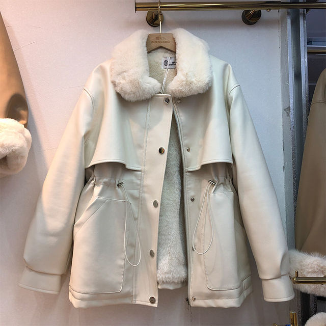 Sztuczna skórzana kurtka zimowa dla kobiet w koreańskim stylu z regulowanym pasem i futrzanym kołnierzem - tanie ubrania i akcesoria