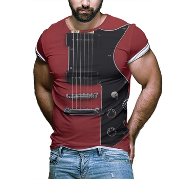 Nowa koszulka męska z krótkim rękawem - czerwony wzór gitary 3D na co dzień, styl uliczny, druk cyfrowy