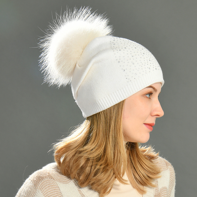 Damski zwykły czapka zimowy kapelusz pon z prawdziwym futrzany pomponem szopowym - tanie ubrania i akcesoria