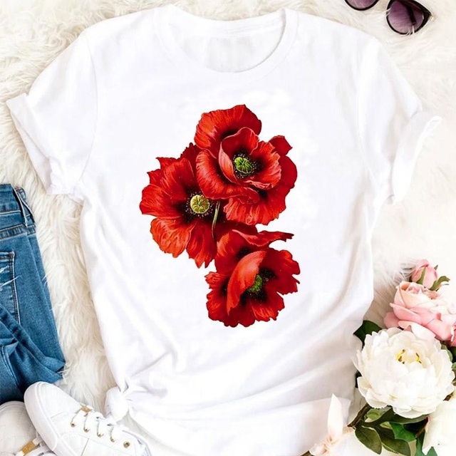 Letnia koszulka dla kobiet - wyjątkowy kwiatowy wzór z 2021. Modny, stylowy T-top z nadrukiem kreskówkowym - tanie ubrania i akcesoria