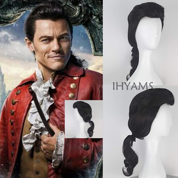 Peruka Gaston czarny krótki peruka z lokami Cosplay Halloween Role Play syntetyczne włosy + peruka Cap