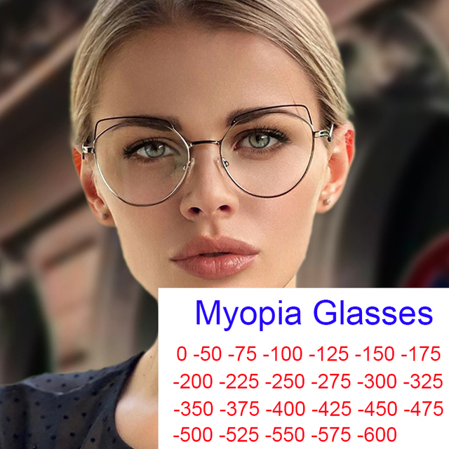 Nowe okulary korekcyjne dla kobiet z krótkowzrocznością, soczewki optyczne, anty-niebieskie światło, metalowa oprawa, modne okulary komputerowe, kocie oko, -1 do -6 dioptrii - tanie ubrania i akcesoria