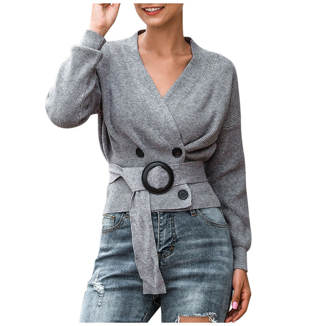 Dwurzędowy zasznurowany sweter dzianinowy dla kobiet z długimi rękawami i paskiem - tanie ubrania i akcesoria