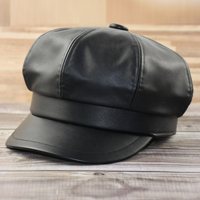 Czarny skórzany beret w męskim dużym rozmiarze - 54cm, 56cm, 57.5cm, 59cm, 61-62cm - tanie ubrania i akcesoria