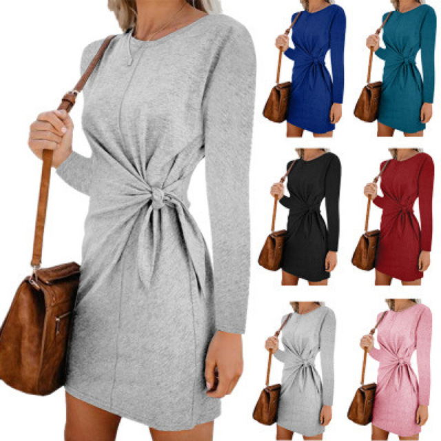 Sukienka damska OL Style w jednolitym kolorze, długim rękawem i wycięciem pod szyją, Mini sukienka z wysoką talią na wiosnę i jesień - tanie ubrania i akcesoria