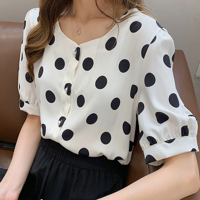 Koszula z krótkim rękawem w nowym stylu Retro Polka Dot biała/czarna QOERLIN M-4XL dla kobiet duże rozmiary - tanie ubrania i akcesoria