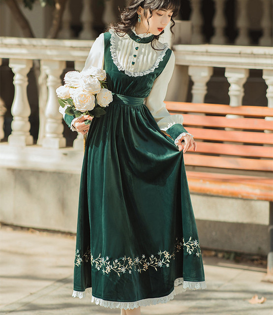 Fantazyjna sukienka Cottagecore zielona łąka francuski styl aksamit sercowe rękawki Vintage Gatsby - tanie ubrania i akcesoria